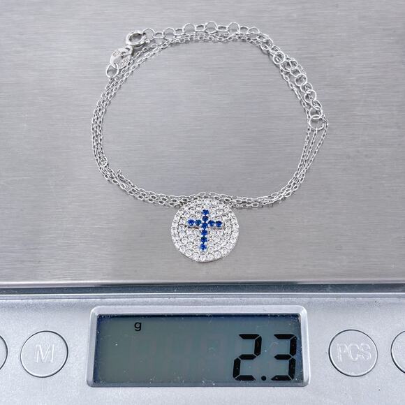 Blue Cubic Zirconia Cross Necklace | Vintage Sterling Silver 925 16”-18” - Picture 5 of 9